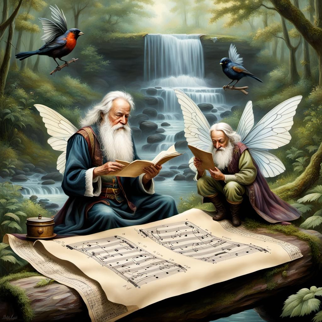 Winged Fairy Composing Music in Forest Atelier