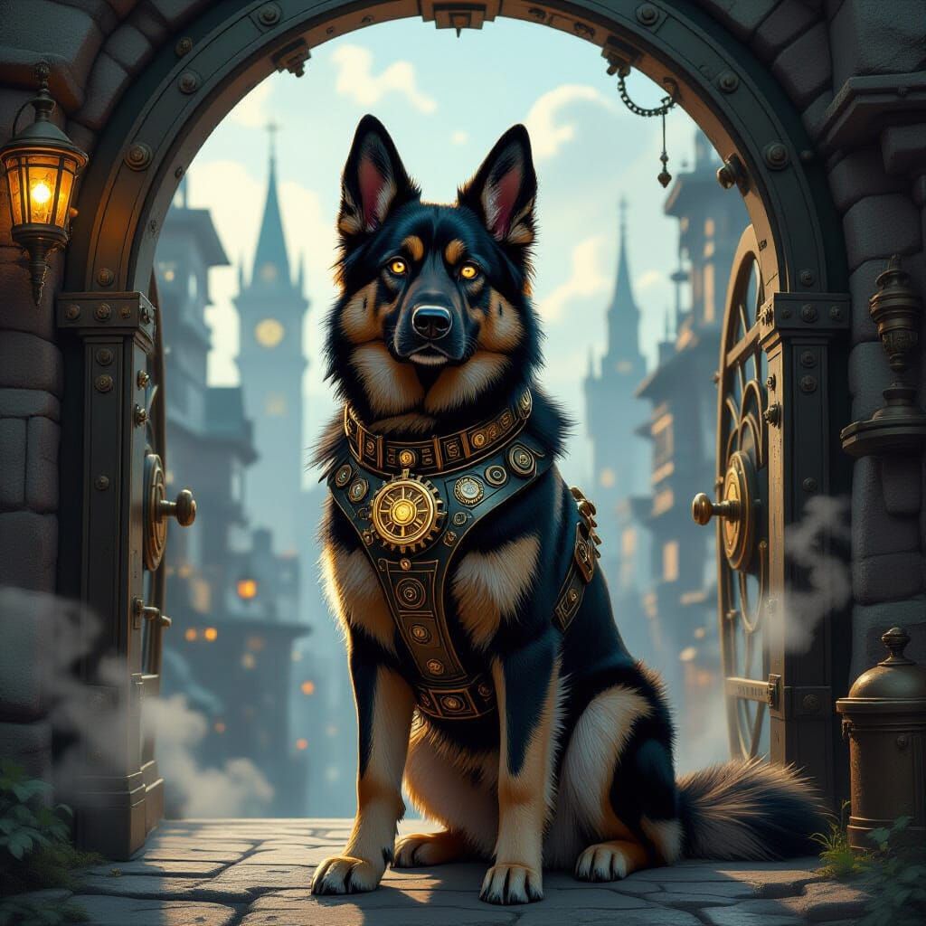 Steampunk German Shepherd Dog Guards Hidden City Entrance