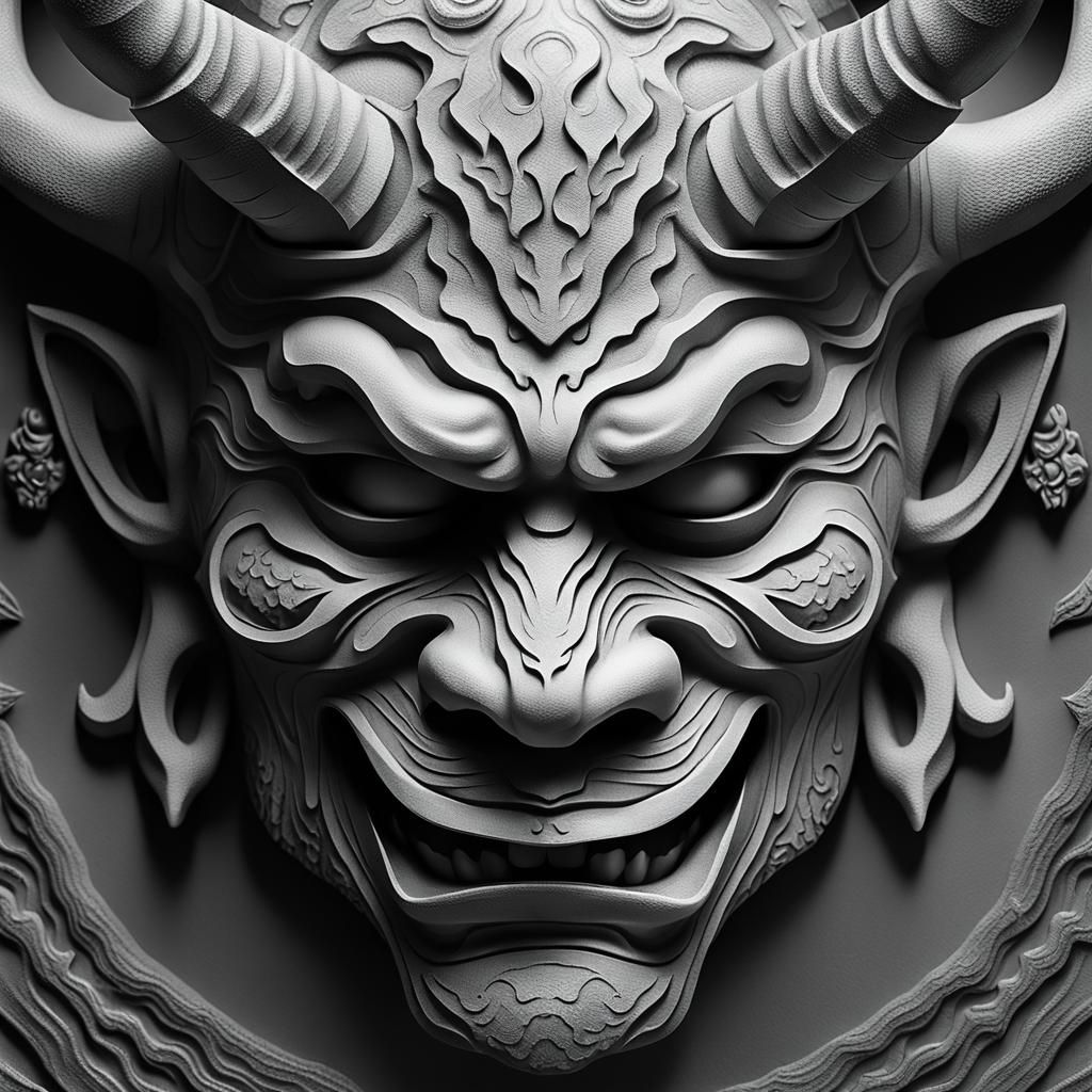 High-Contrast 3D Oni Mask Relief