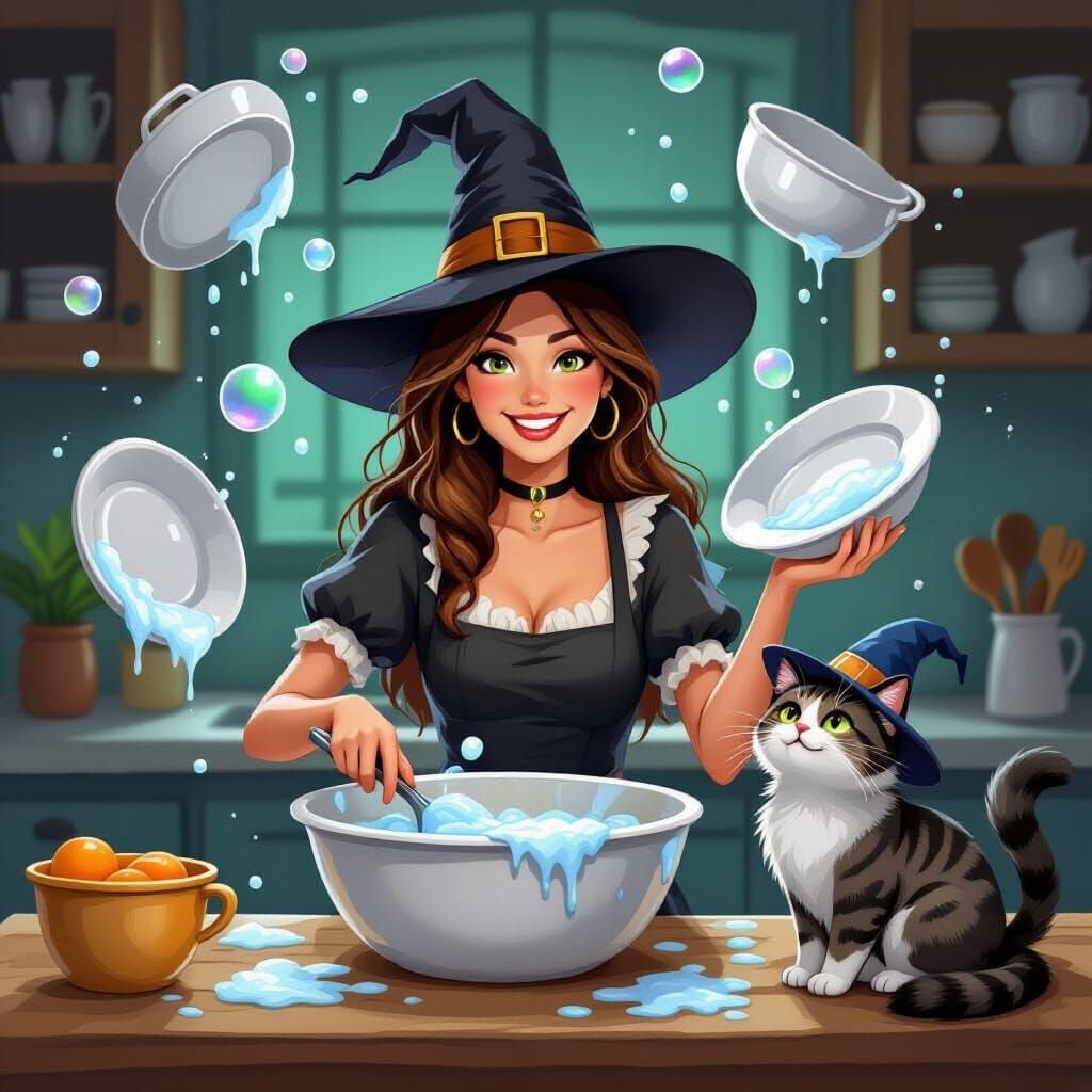 Smiling Witch with Self-Scrubbing Dishes and Cat