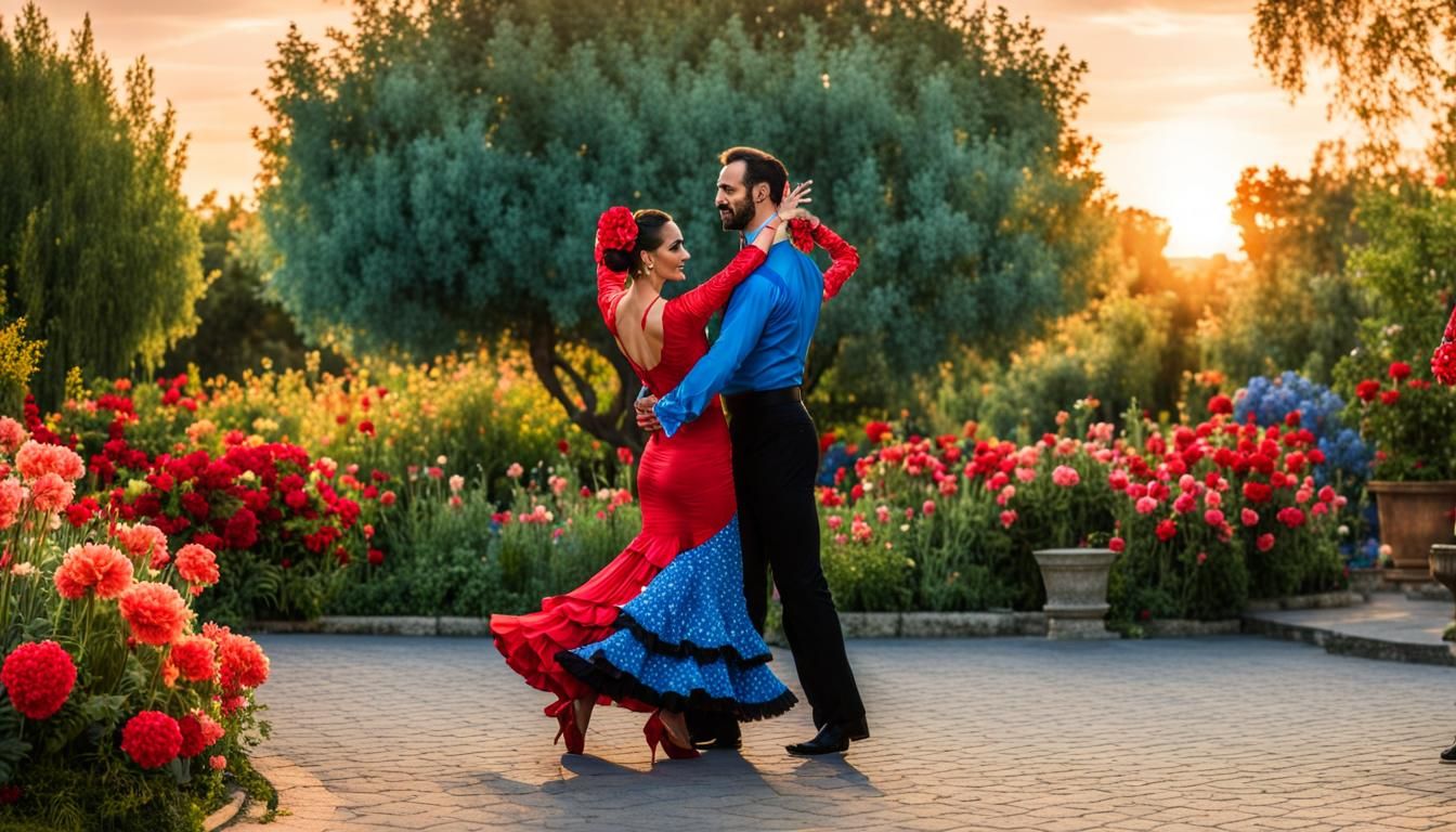 Flamenco Dancers in a Colorful Garden at Sunset