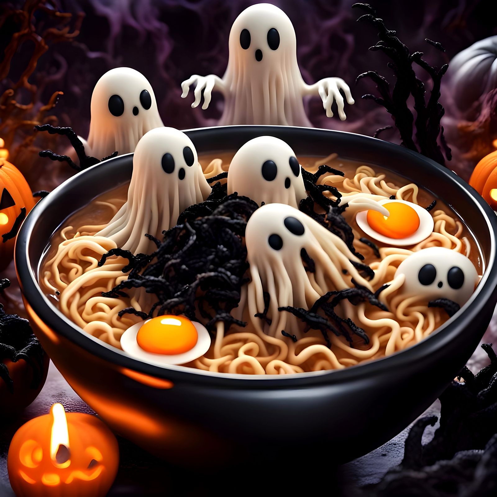 Halloween Ramen Bowl with Ghost Shapes and Spiders
