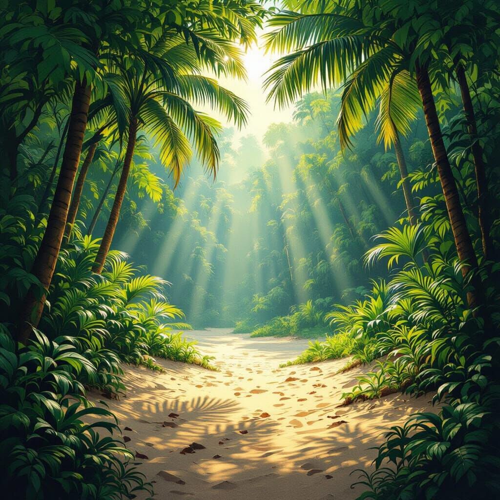 Sun-Dappled Jungle Clearing with Palm Trees