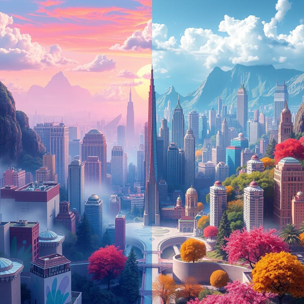 Surreal Cityscape with Seasonal Quadrants in Pastel Colors