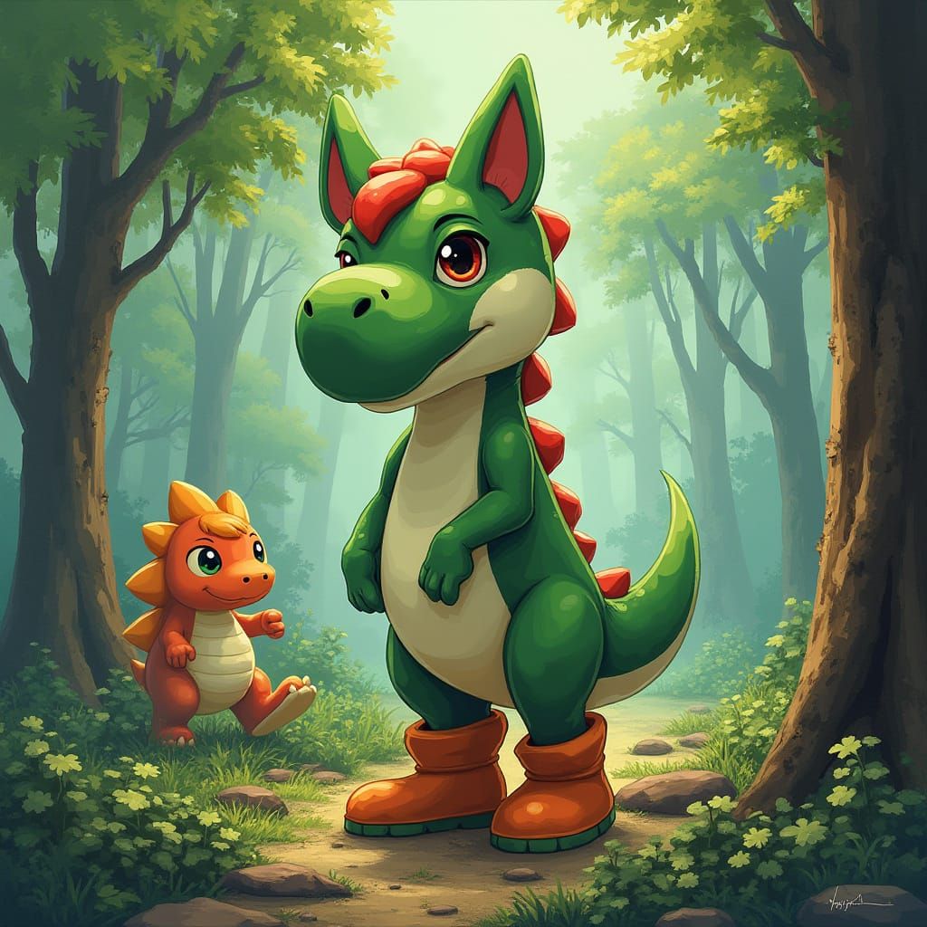Wolf Yoshi Hybrid in Vibrant Anime-Inspired Forest