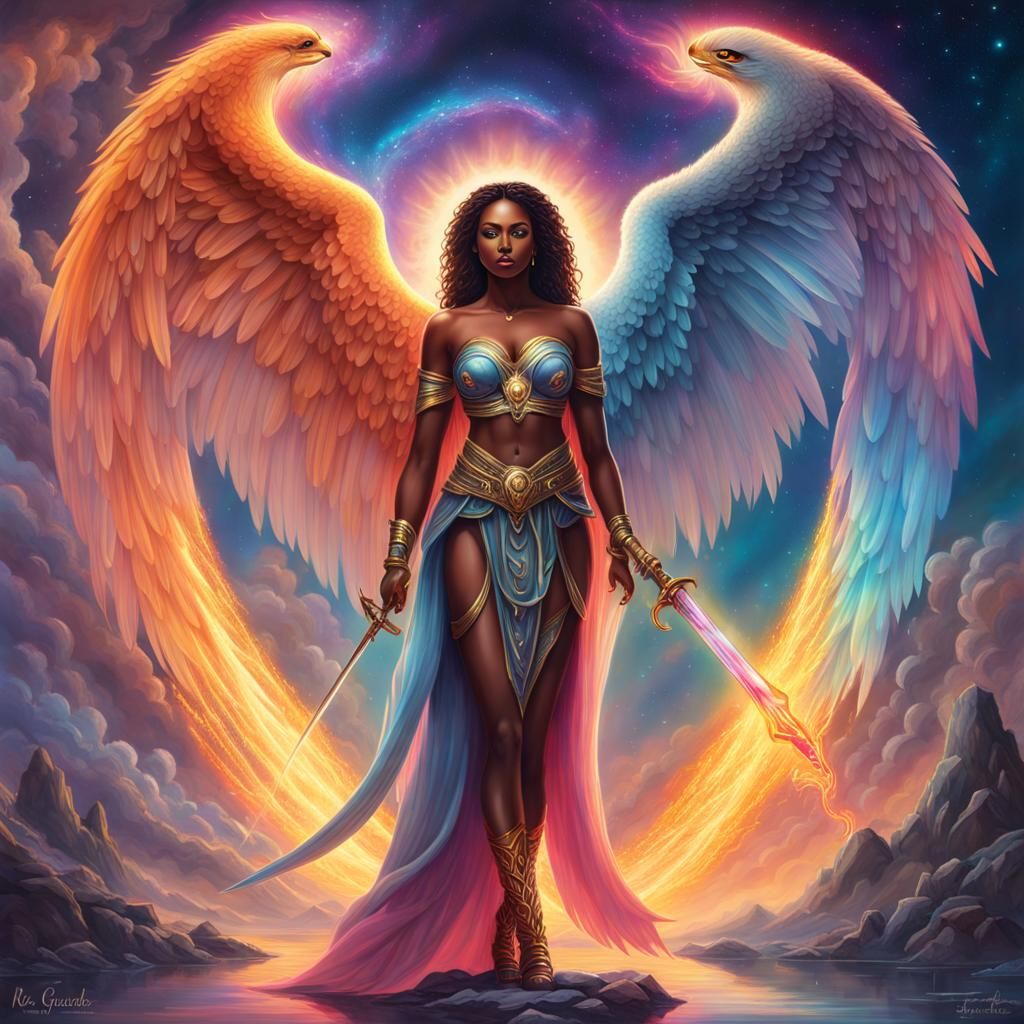 Celestial Black Female Angel with Flaming Sword