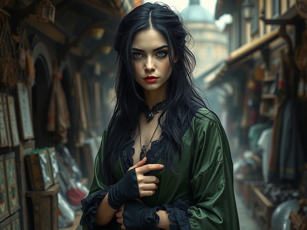 Medieval Female Villager Shops with Mysterious Intent