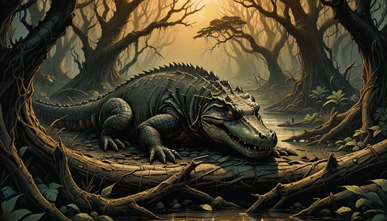 Ancient Crocodile in Baroque Illuminated Style