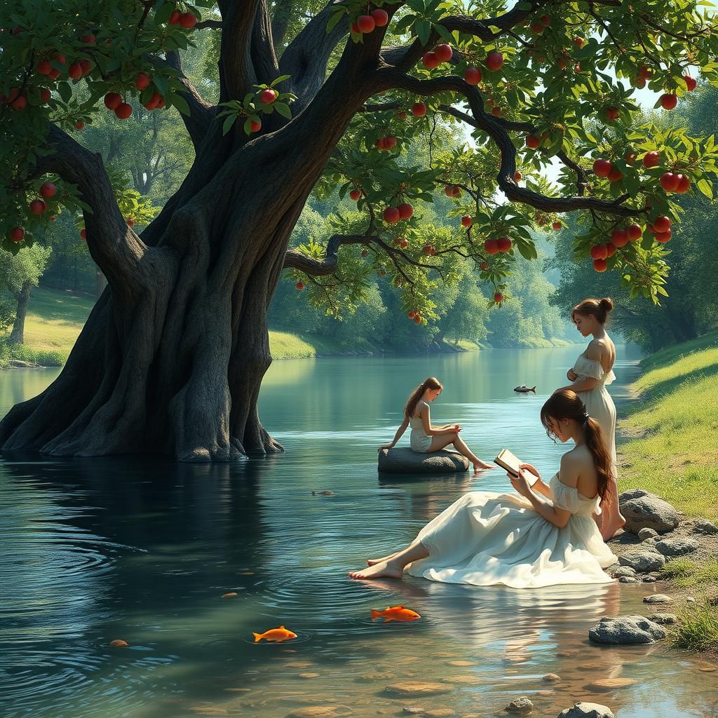 Serene River Scene with Apple Trees in Digital Art Style