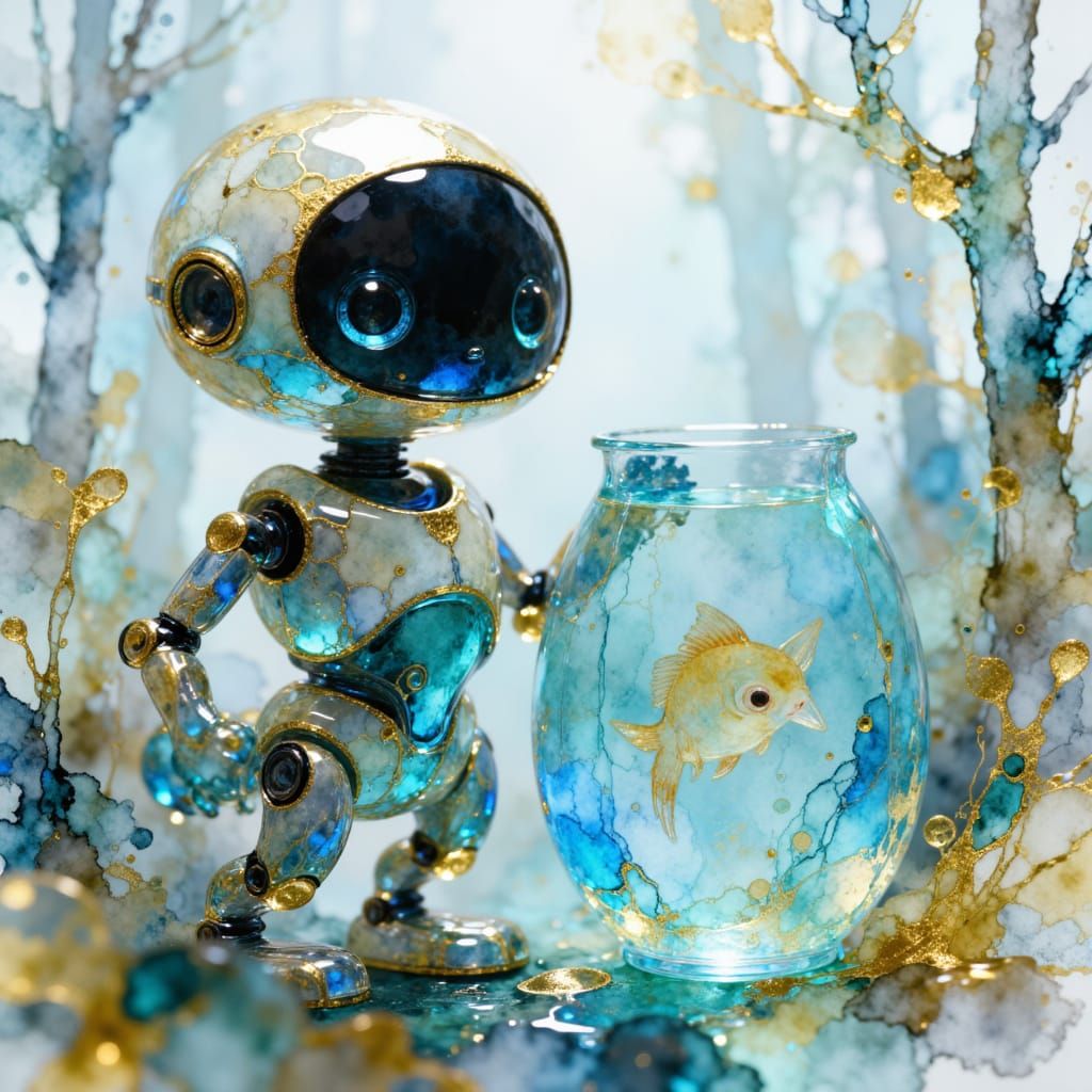 Cute Robot Holding a Fishbowl
