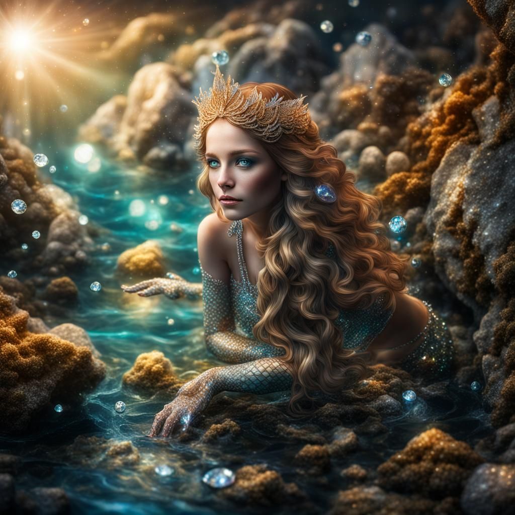 Holographic Mermaid Portrait with Crystals and Diamonds