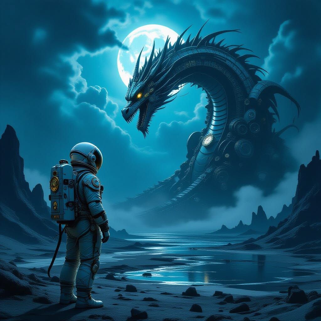 Astronaut and Biomechanical Dragon in Surreal Style