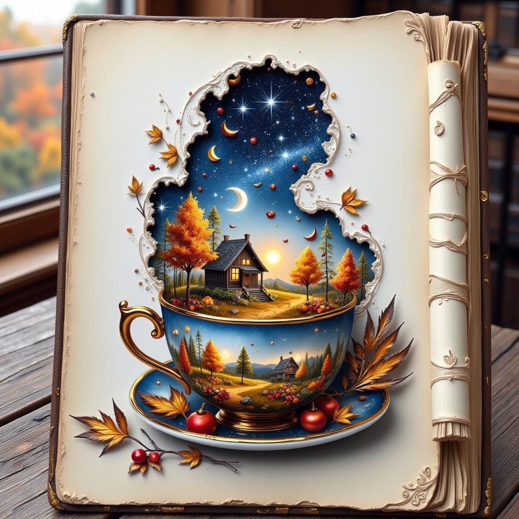 Mystical Autumn Cabin Scene as Impasto Painting