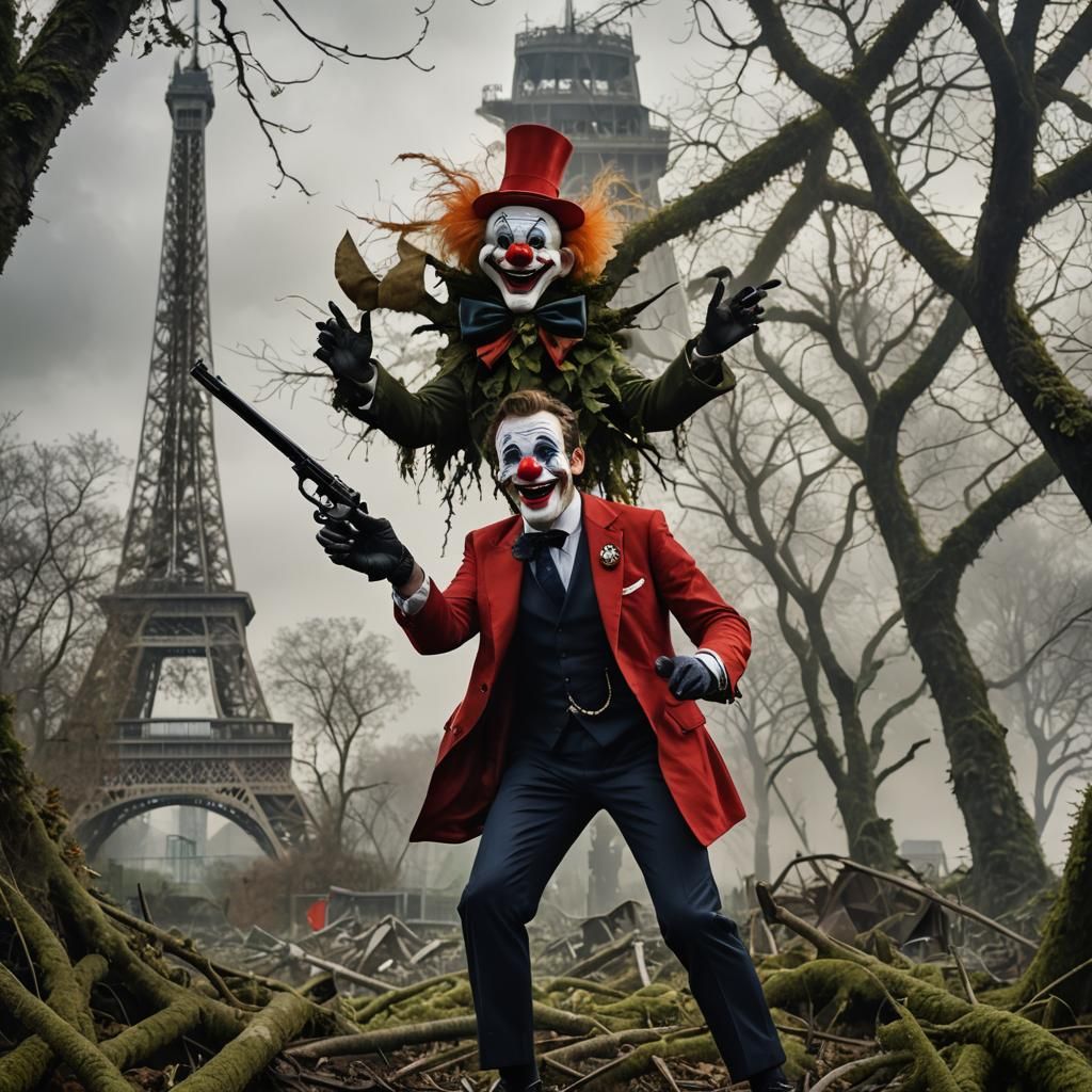 Macron as Clown with Revolver by Eiffel Tower