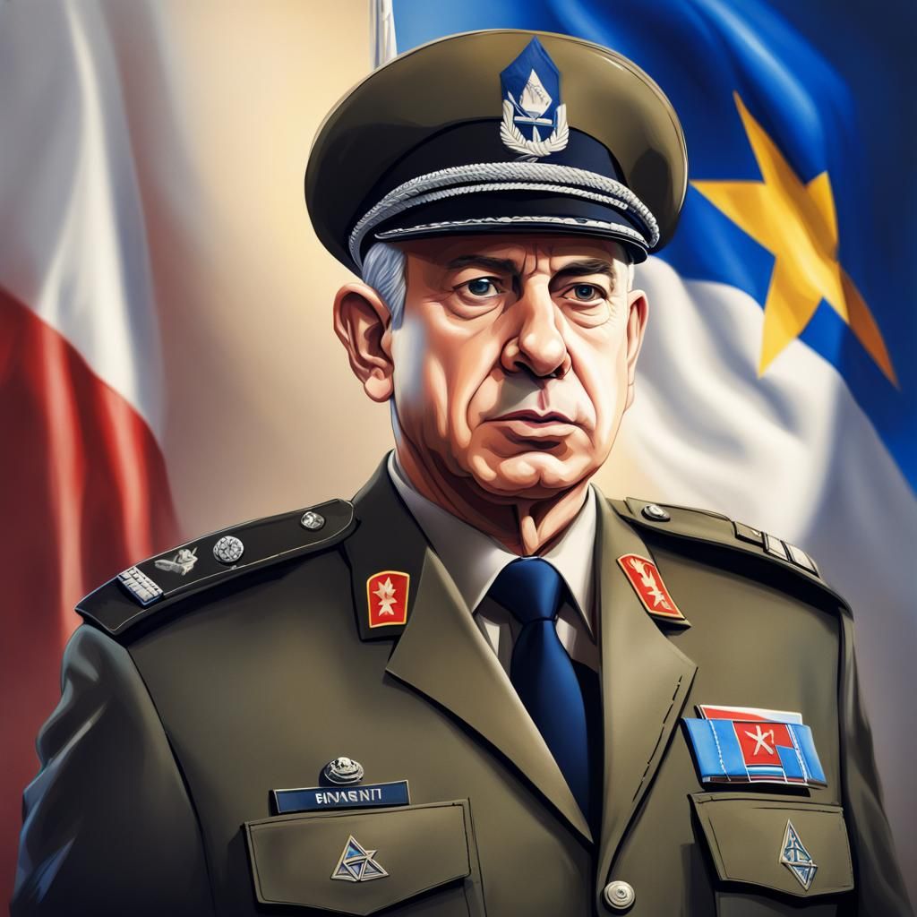 Benjamin Netanyahu in Army Uniform with Flag