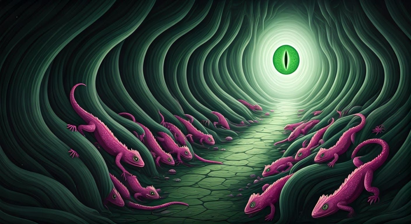 Surreal Garden of Lizards in Cubist Style