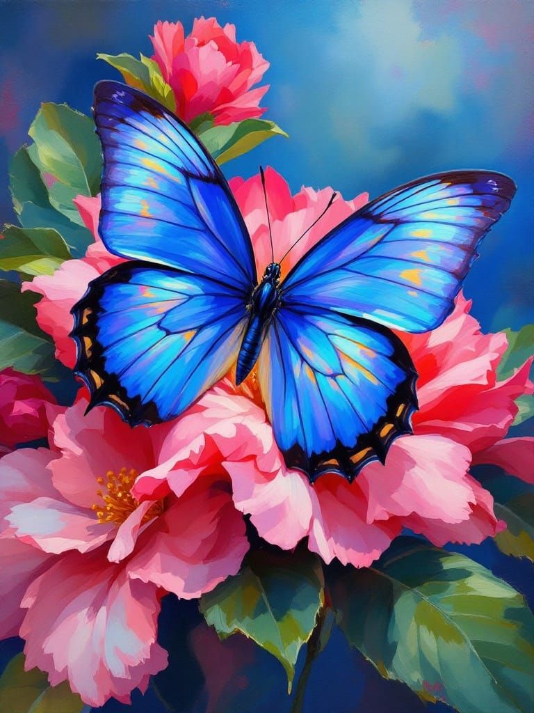 Ethereal Blue Morpho Butterfly Amidst Vibrant Red Camellia B...