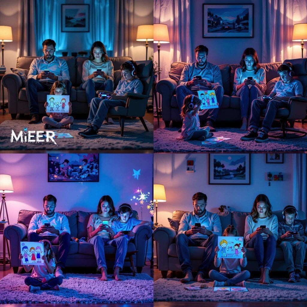 Hyperrealistic Photo of Disconnected Family Lost in Screens