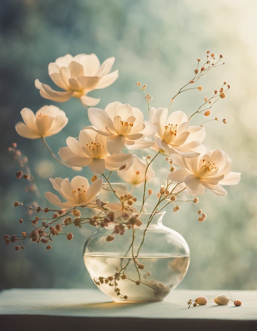 Delicate Ikebana Arrangement in Sfumato Style