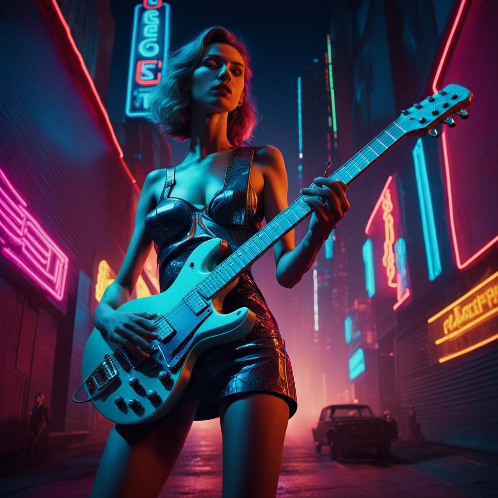 Cyberpunk Guitarist in Neon Night