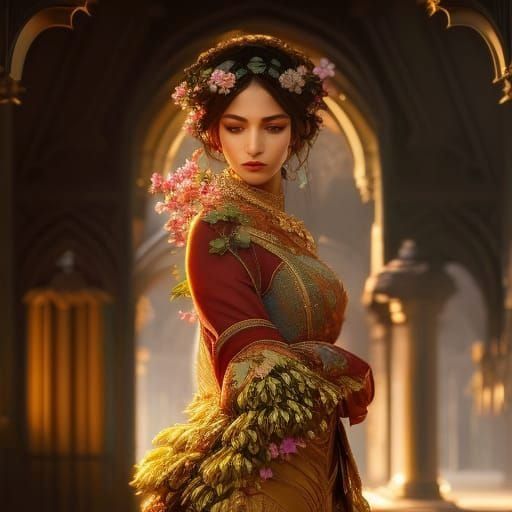 Woman Gazing at Stars in Hyperdetailed Garden