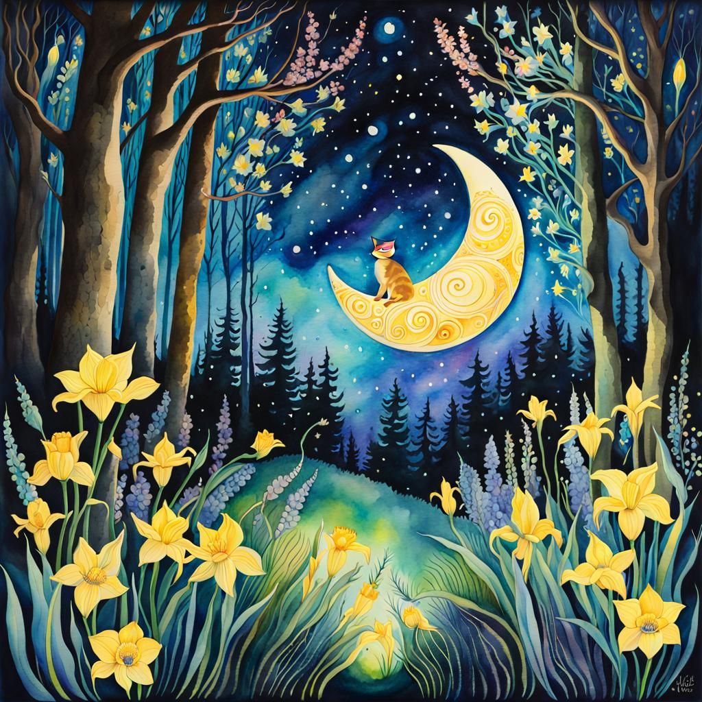 Bioluminescent Cat Dancer in Spring Forest Watercolor