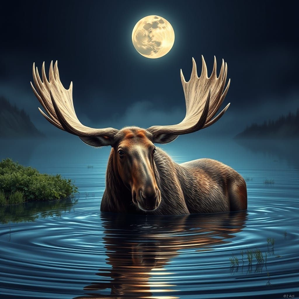 Moose Drinks Water Under Full Moon in Hyper-Realistic Style