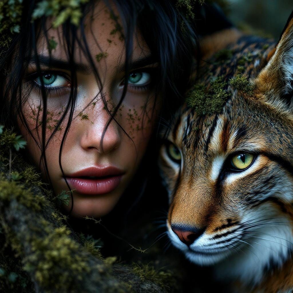 Forest Woman and Lynx Companion as Oil Painting