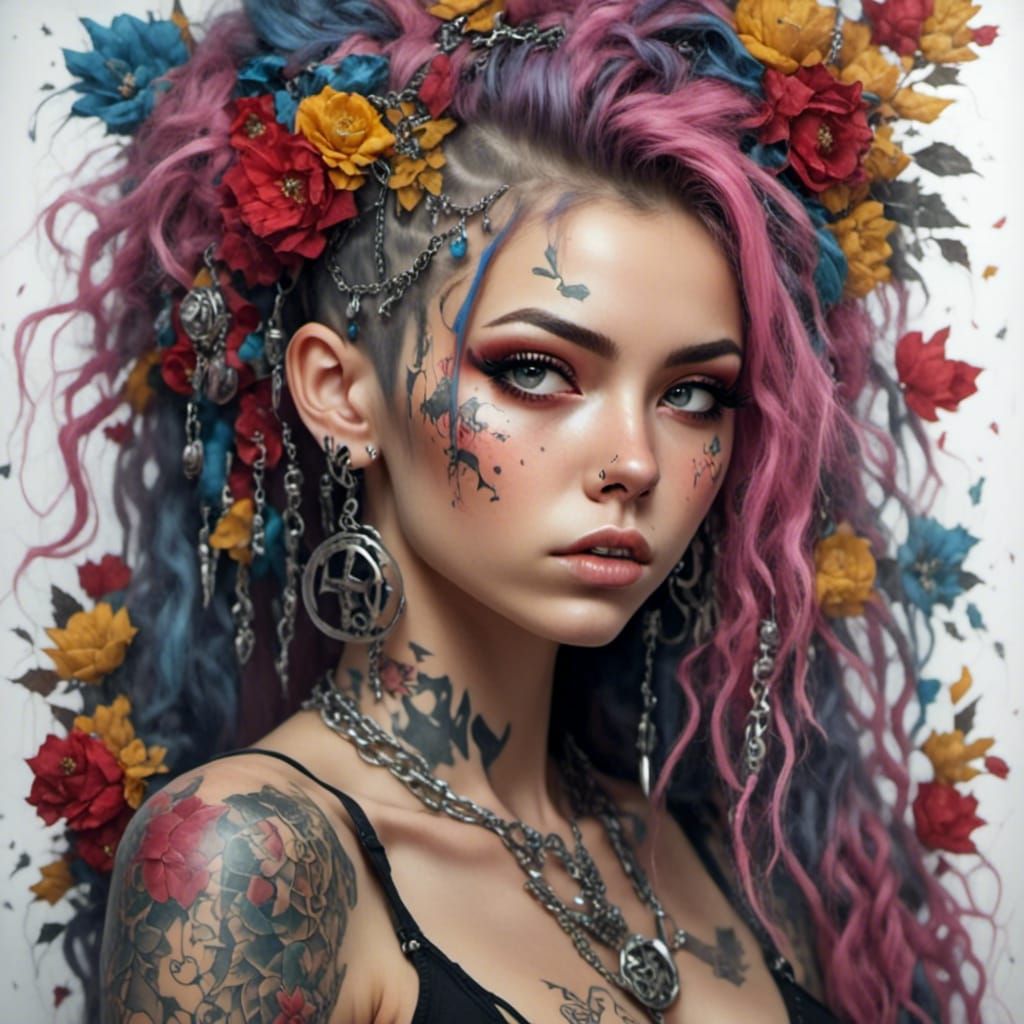 Tattooed Woman in Neo-Traditional Punk Style