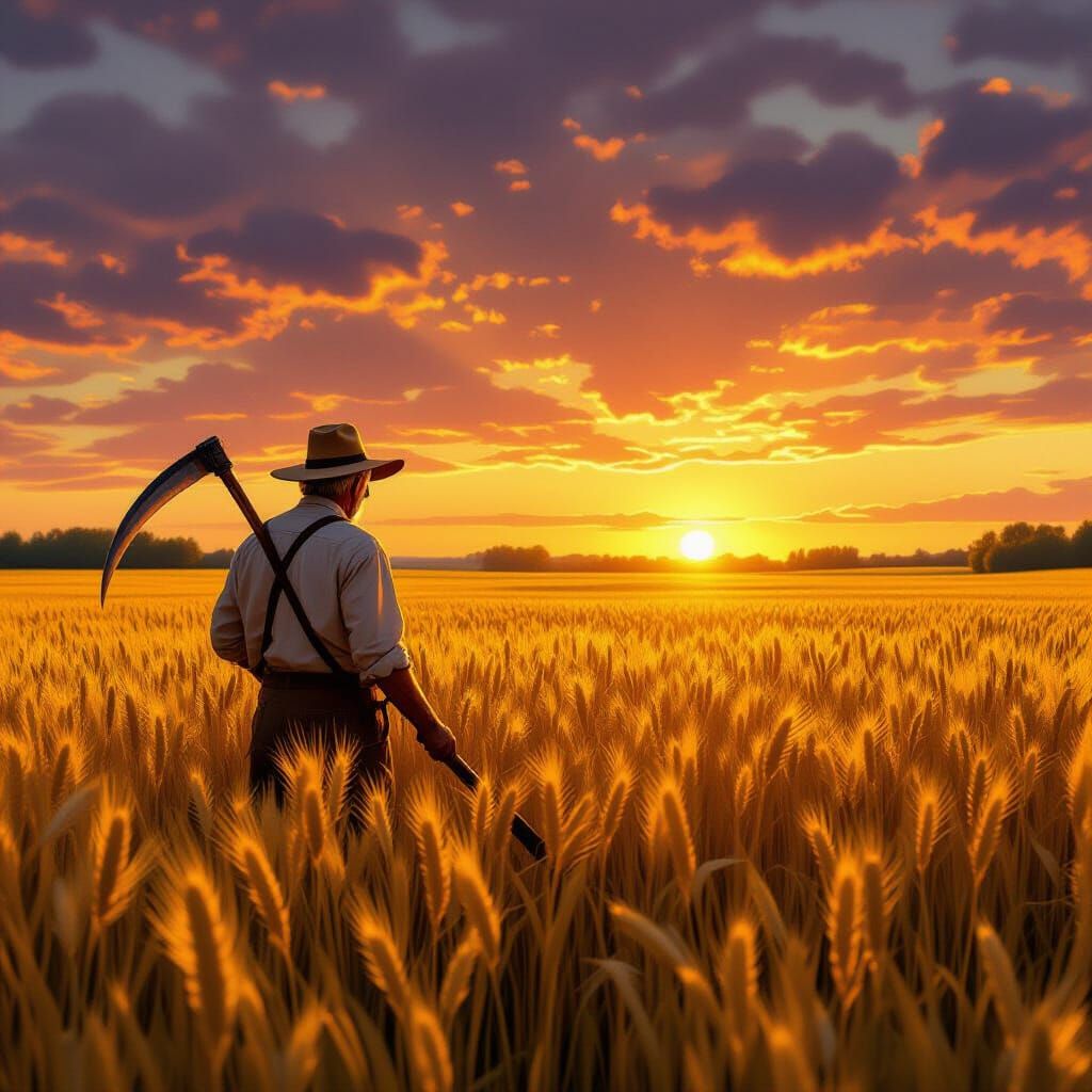Elderly Farmer in Golden Wheat Field at Sunset