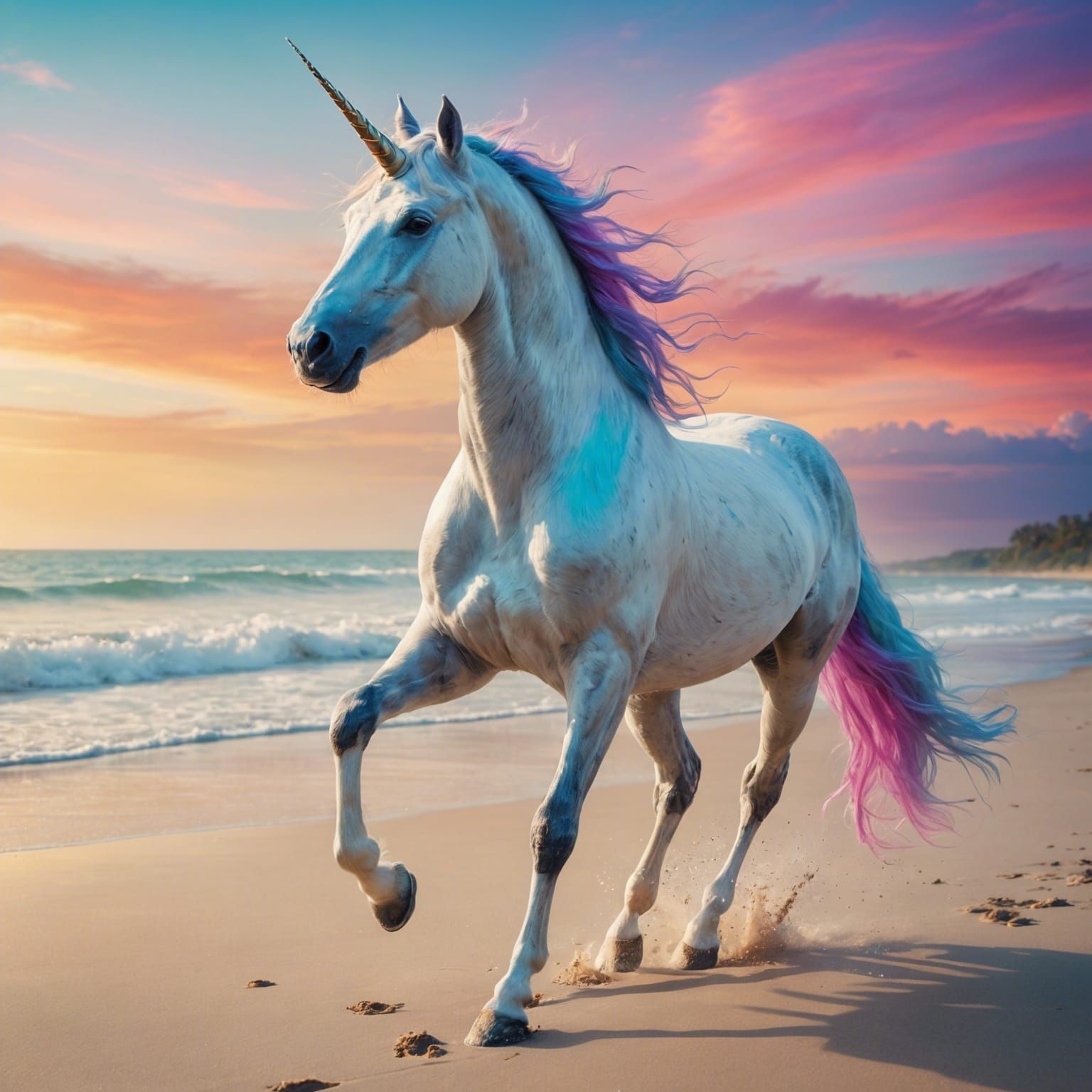 Unicorn Galloping on a Colorful Beach
