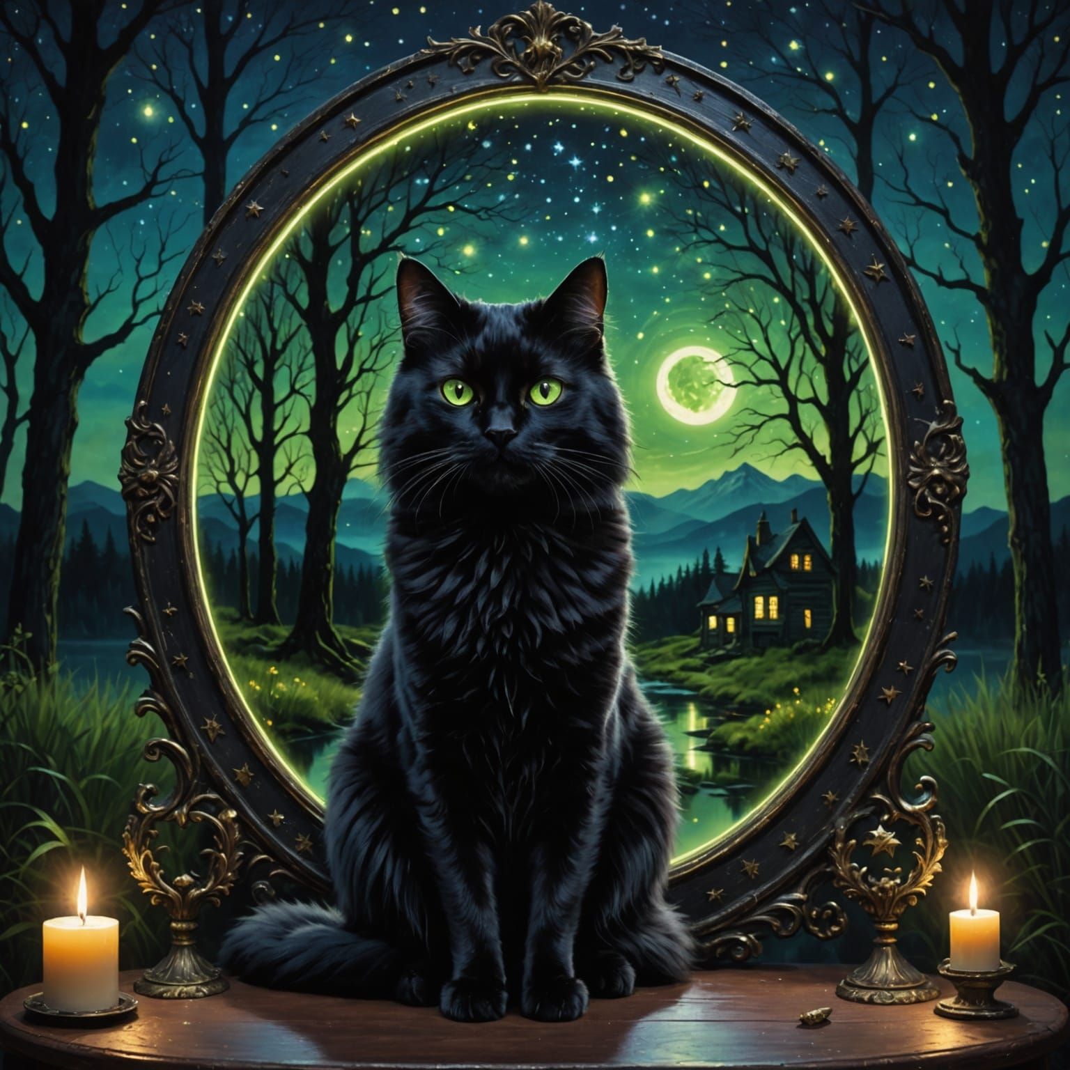 Mystical Black Cat with Neon Eyes and Reflected Woman