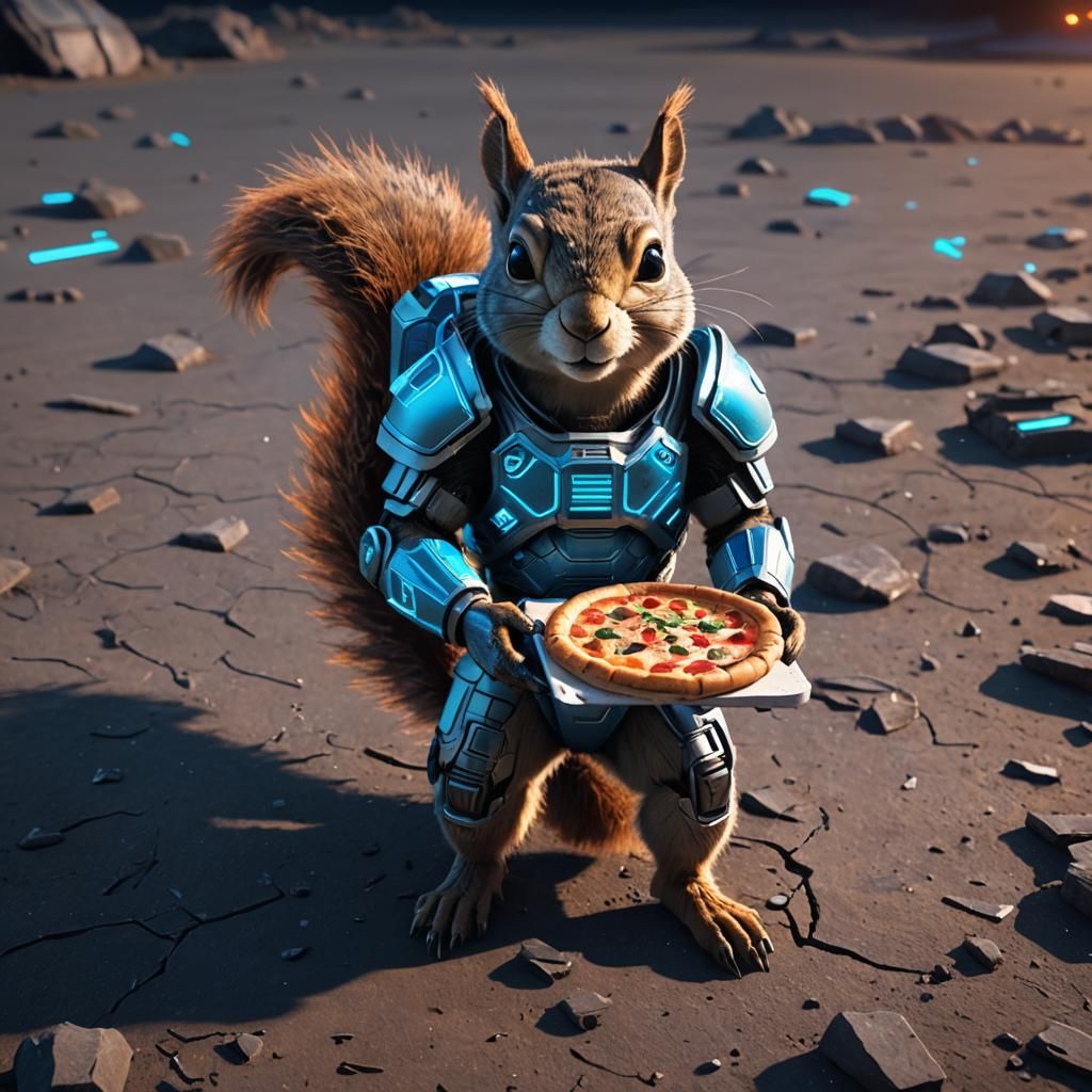 Sci-Fi Squirrel in Armor with Pizza, 3D Render