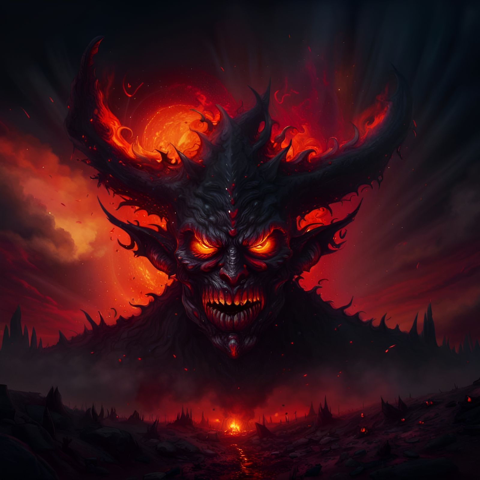 Horror Demon in Fiery Nightmare Landscape