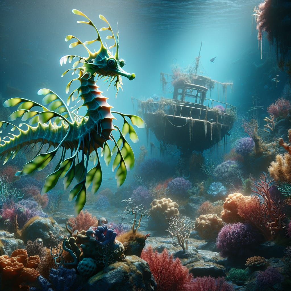 Photorealistic Leafy Seadragon in Mystical Coral Reef