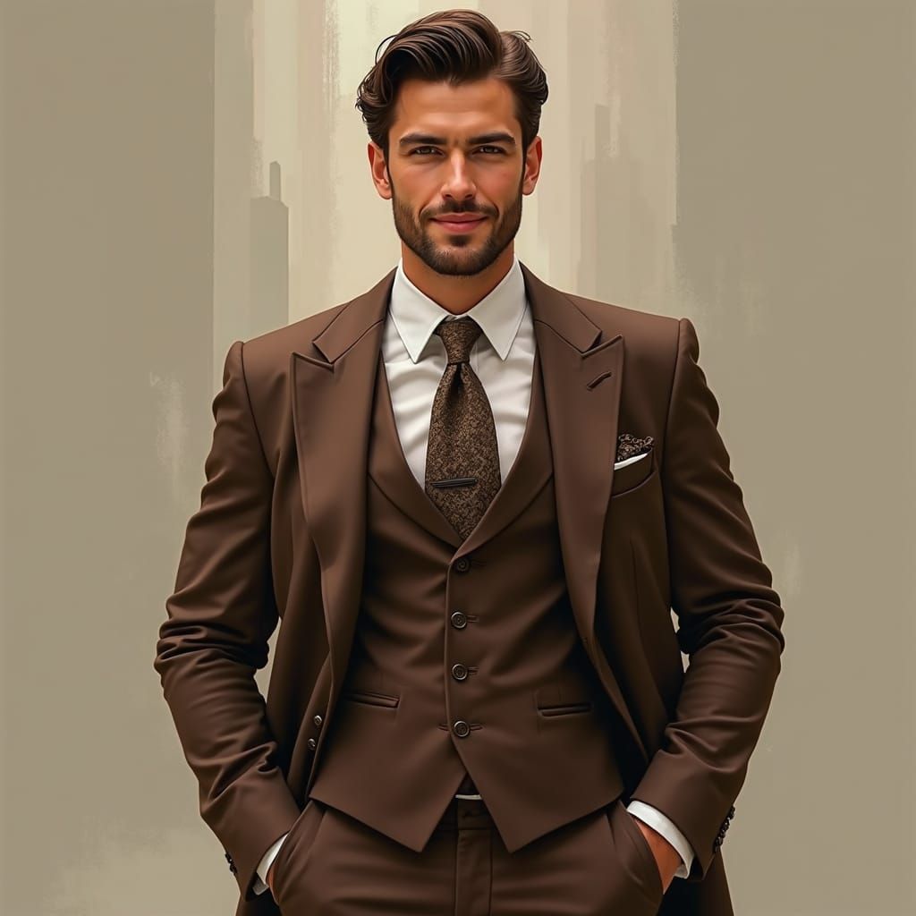 Confident Man in Brown Suit with Warm Smile