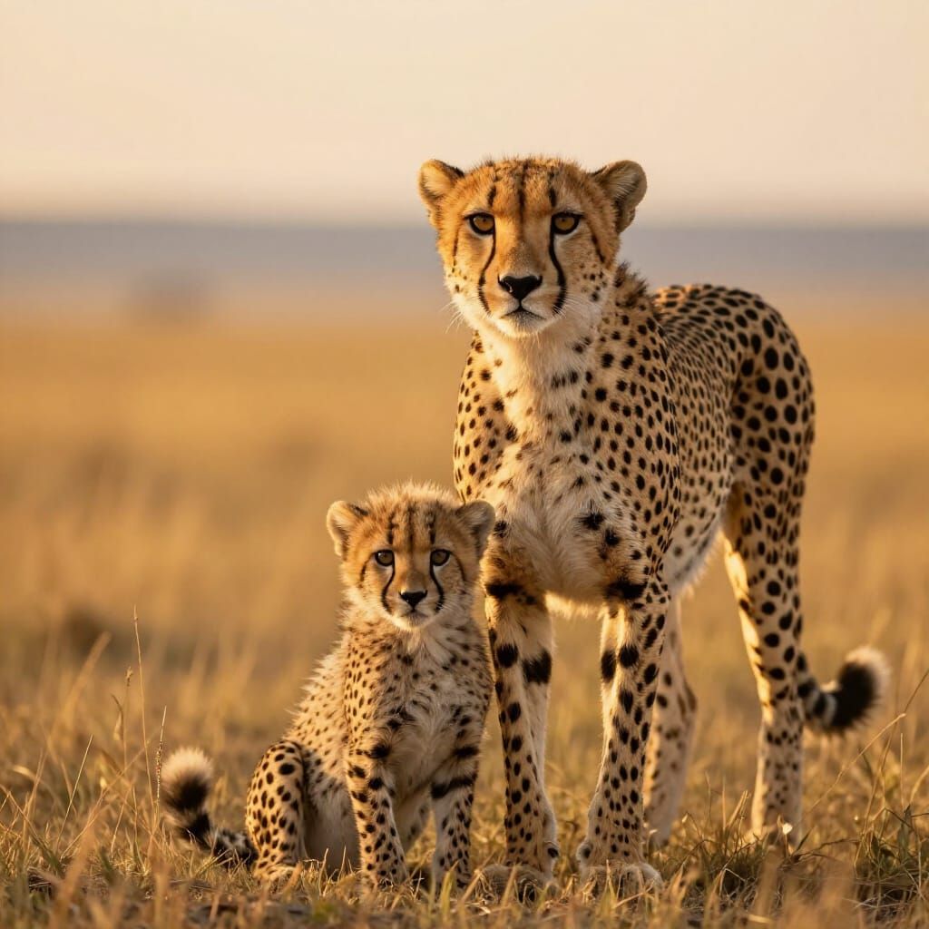 Mother Cheetah and Cub in Golden Savanna Light