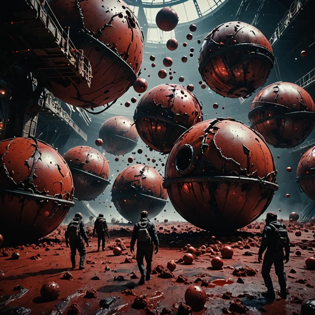 Dramatic Cinematic Image of Bloody Spheres Falling From Spac...