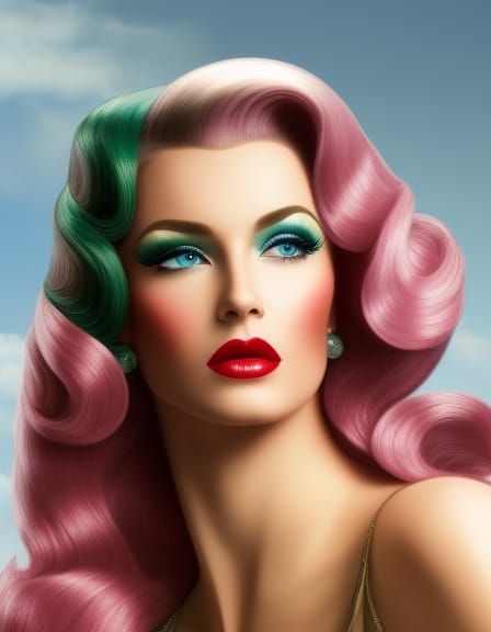 Vintage Pin-Up Goddess with Flowing Red Hair