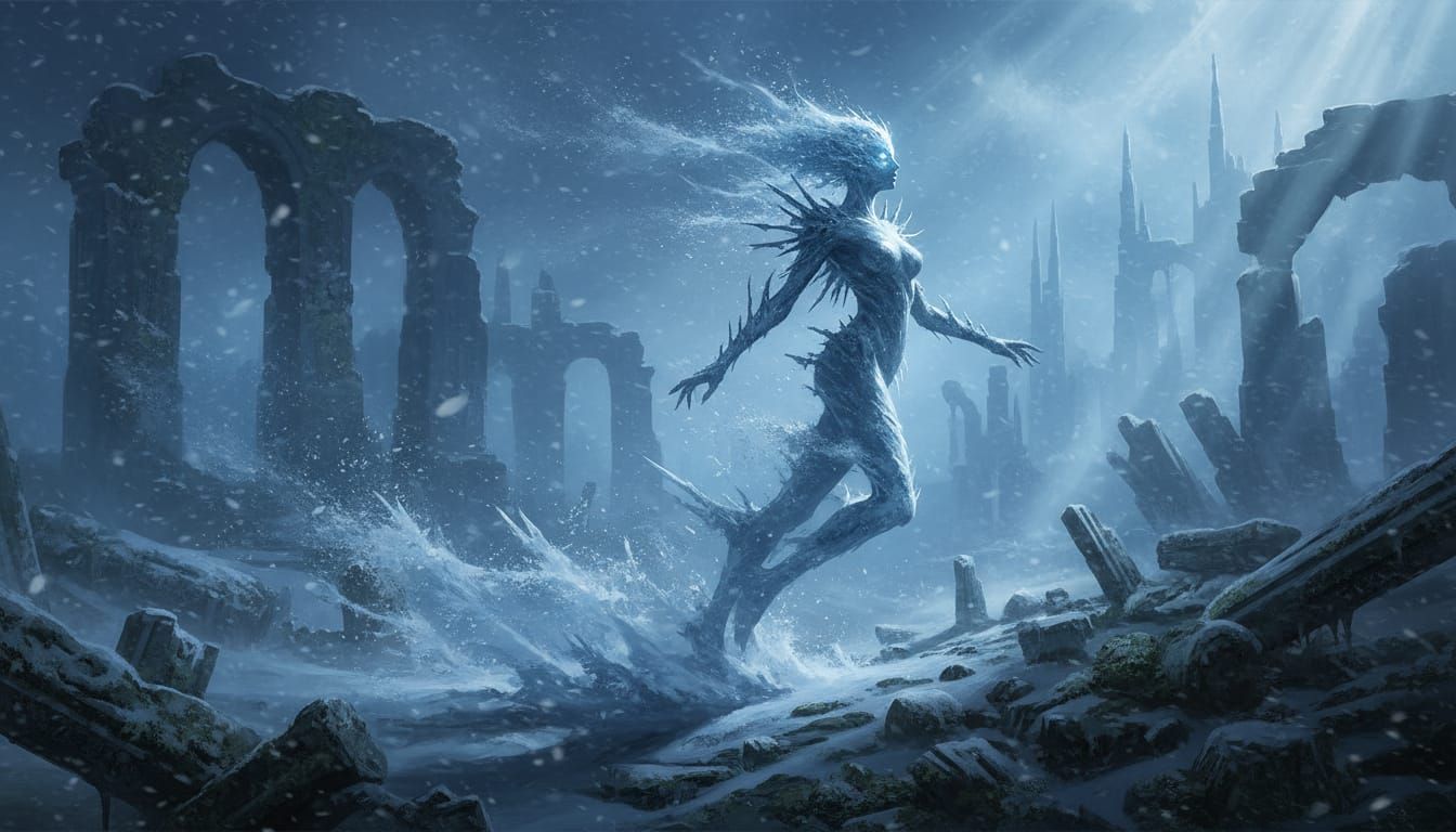 Ethereal Snowstorm Woman in Ancient Ruins