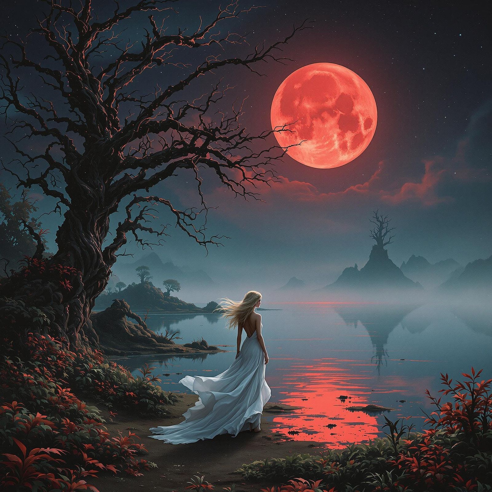 Ethereal Woman Strolls Under Blood Moon's Crimson Glow