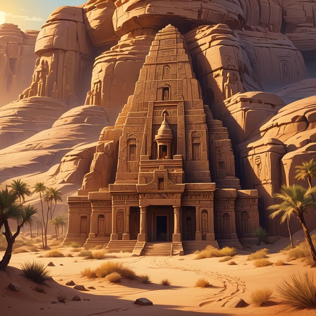 Ancient Sandstone Temple at Desert Oasis, Oil Painting