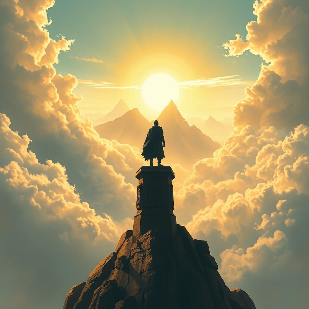 Ethereal Figure Stands Amidst Ancient Skies in Vibrant, Drea...