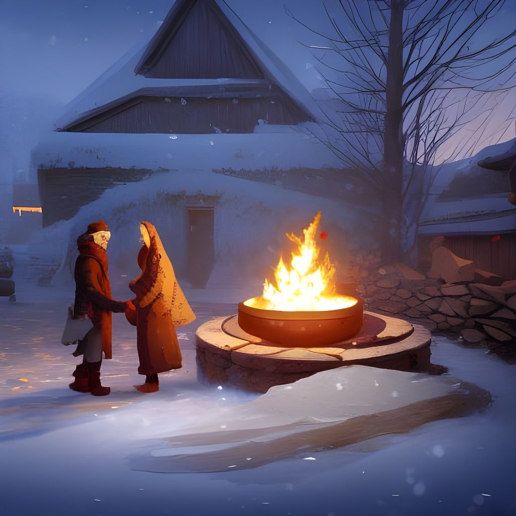 Winter Village Gathering by Fire, Digital Art