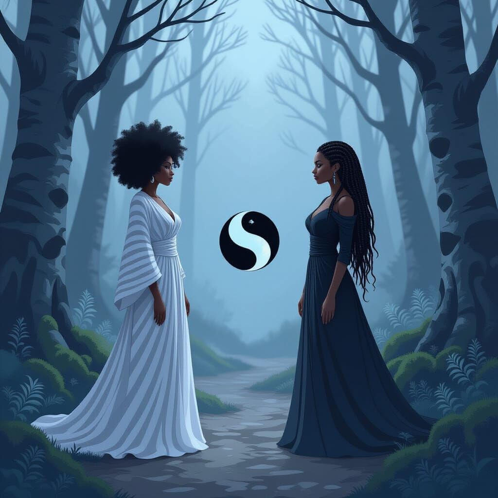 Grayscale Yin-Yang Women in Misty Anime Forest