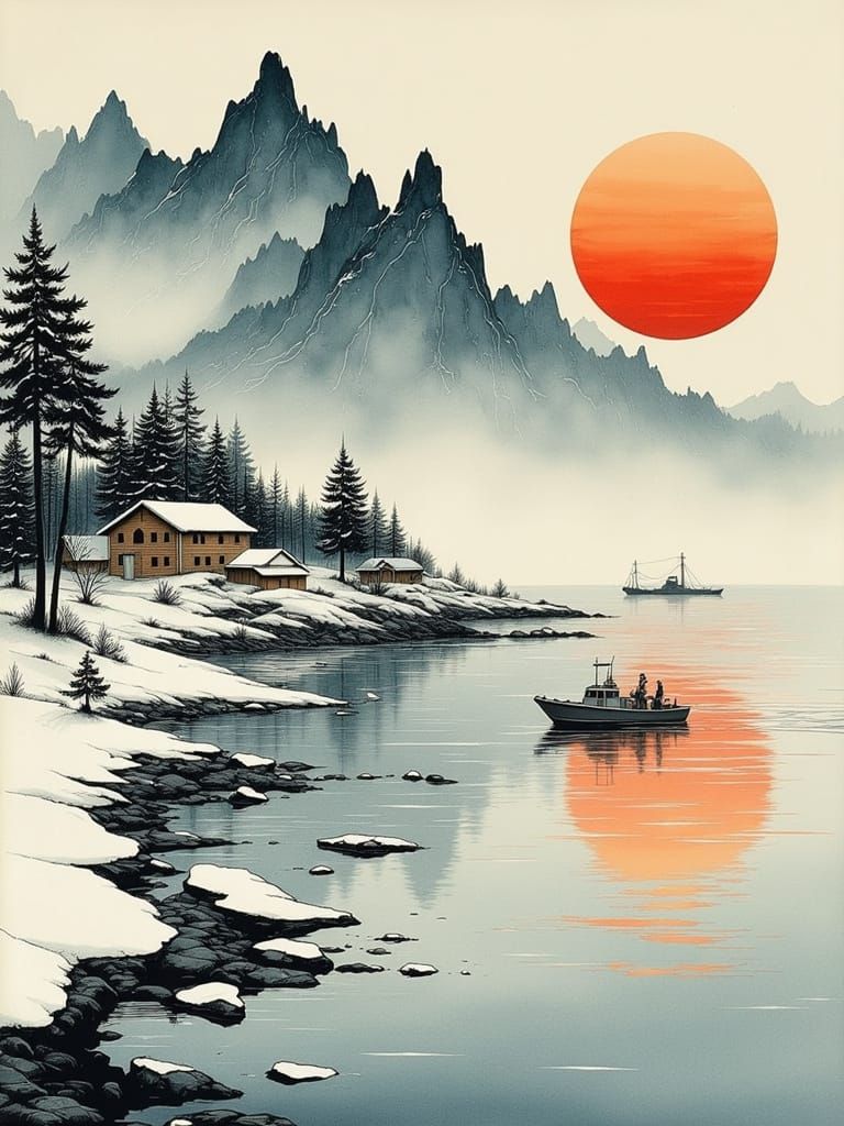 Tranquil Korean Winter Seascape in Traditional Ink Painting ...