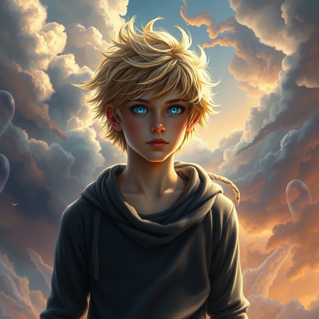 Heroic Young Warrior Against Mysterious Skies