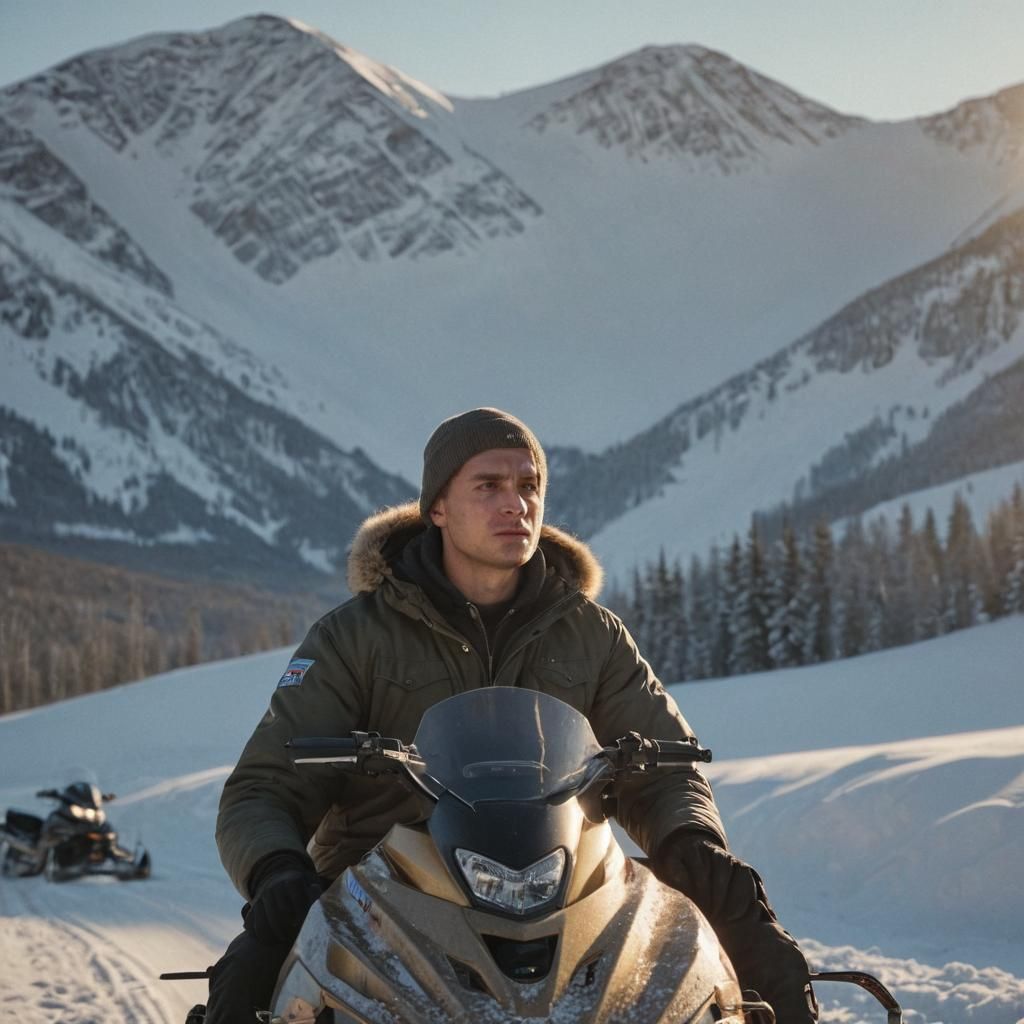 Snowmobile Contemplation: A Cinematic Winter Portrait