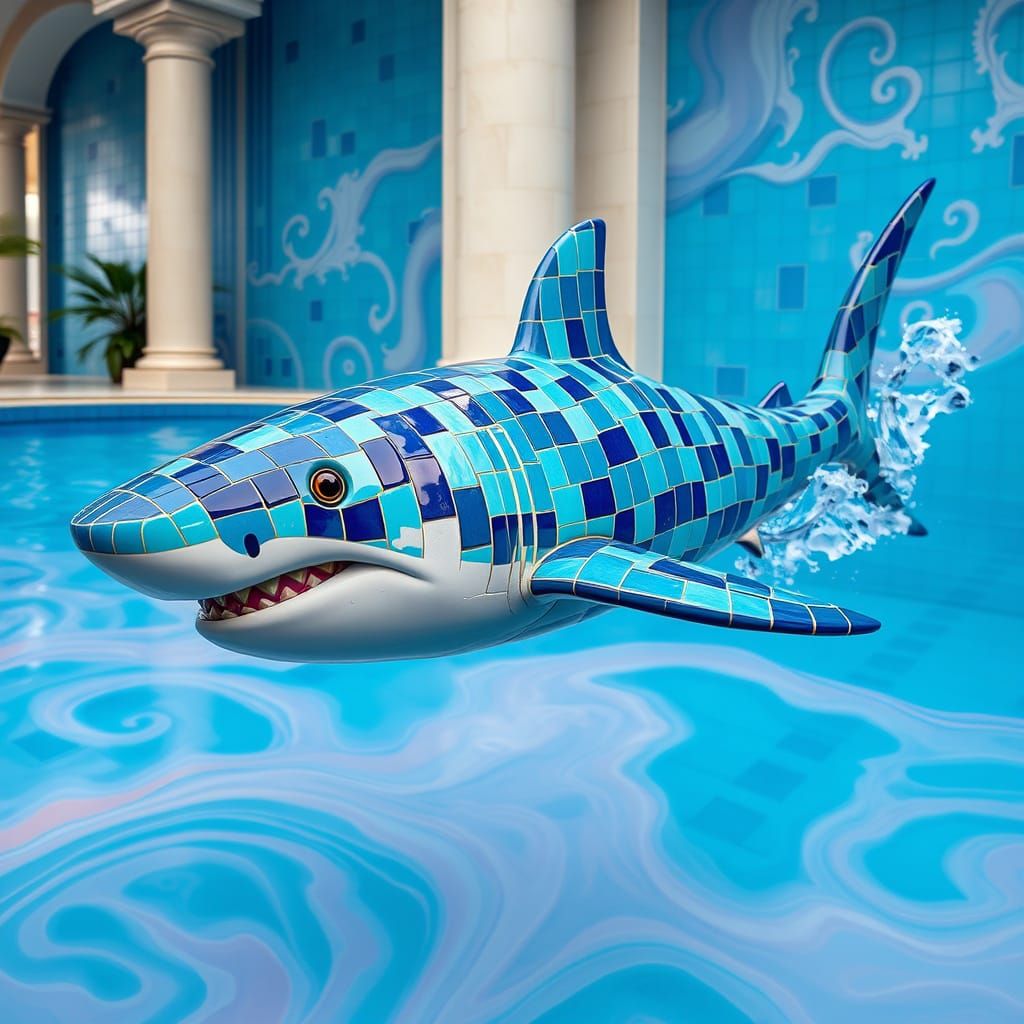 Ceramic Shark Glides in Luxurious Pool