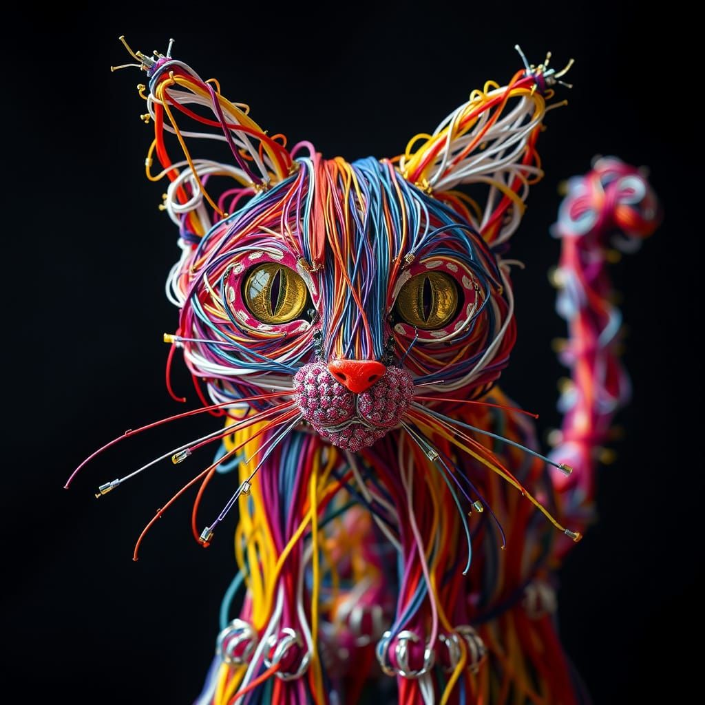 Abstract Wire Cat Sculpture: Colorful Modern Art